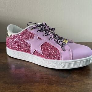 NEW Lucky Step Glitter Sneakers 9 Pink Lace Up Low Top Fashion Shoes Sparkle